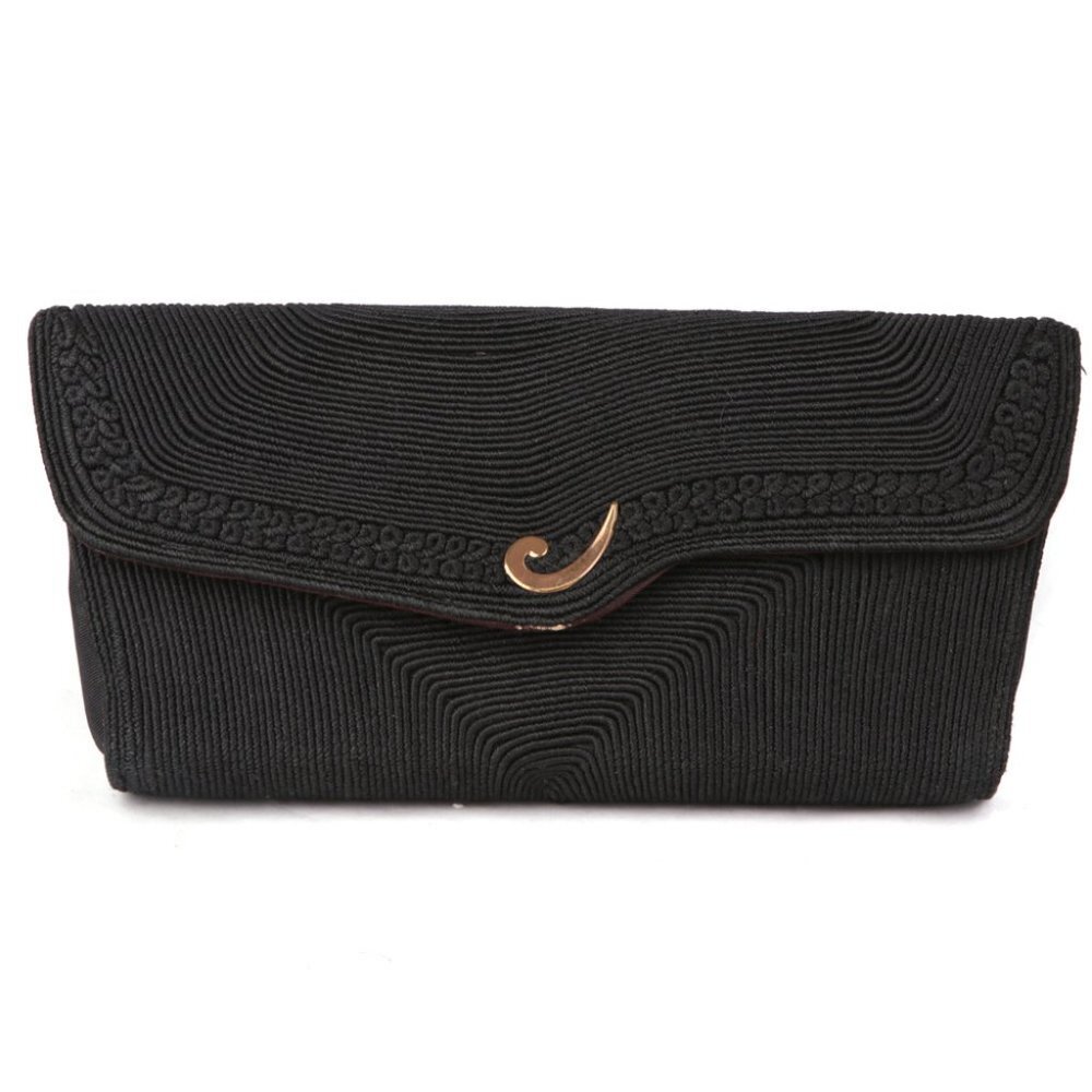 Vintage Corde Clutch Flap Top Evening Bag Purse 1940s/1950s Rope Cord Black Gold